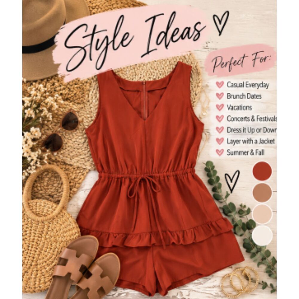 Brick Red Ruffle Romper Women’s Medium V Neck Tie Waist Sleeveless Boho